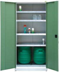 The cabinet for the storage of liquids with a galvanized grate 